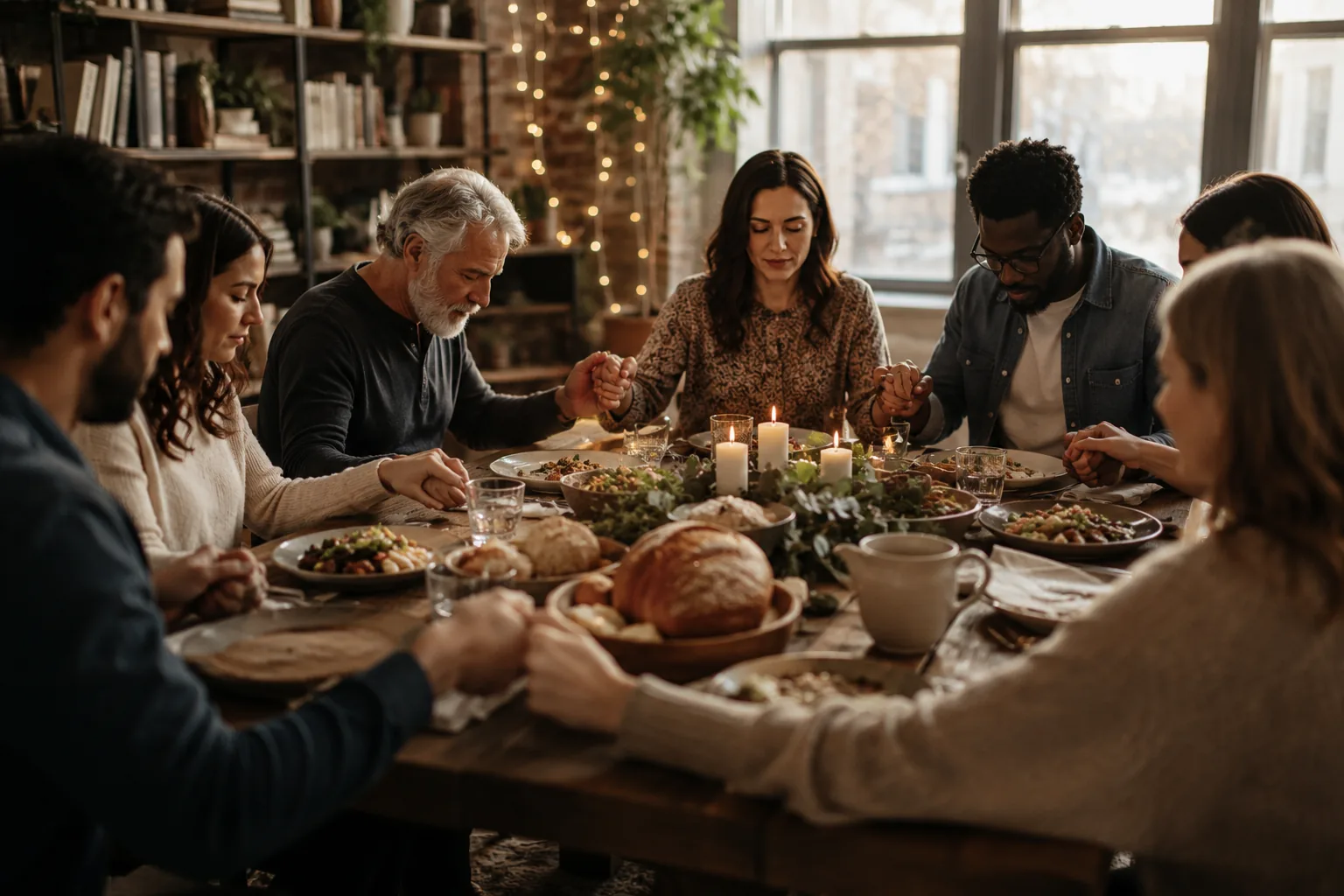 Jewish and Gentile believers of different generations praying together around a shared meal