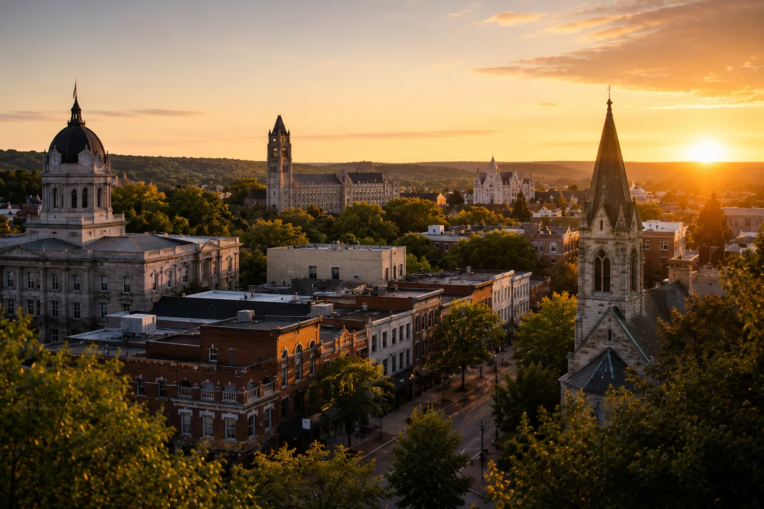 Downtown Bloomington and its historic buildings illuminated by the setting sun