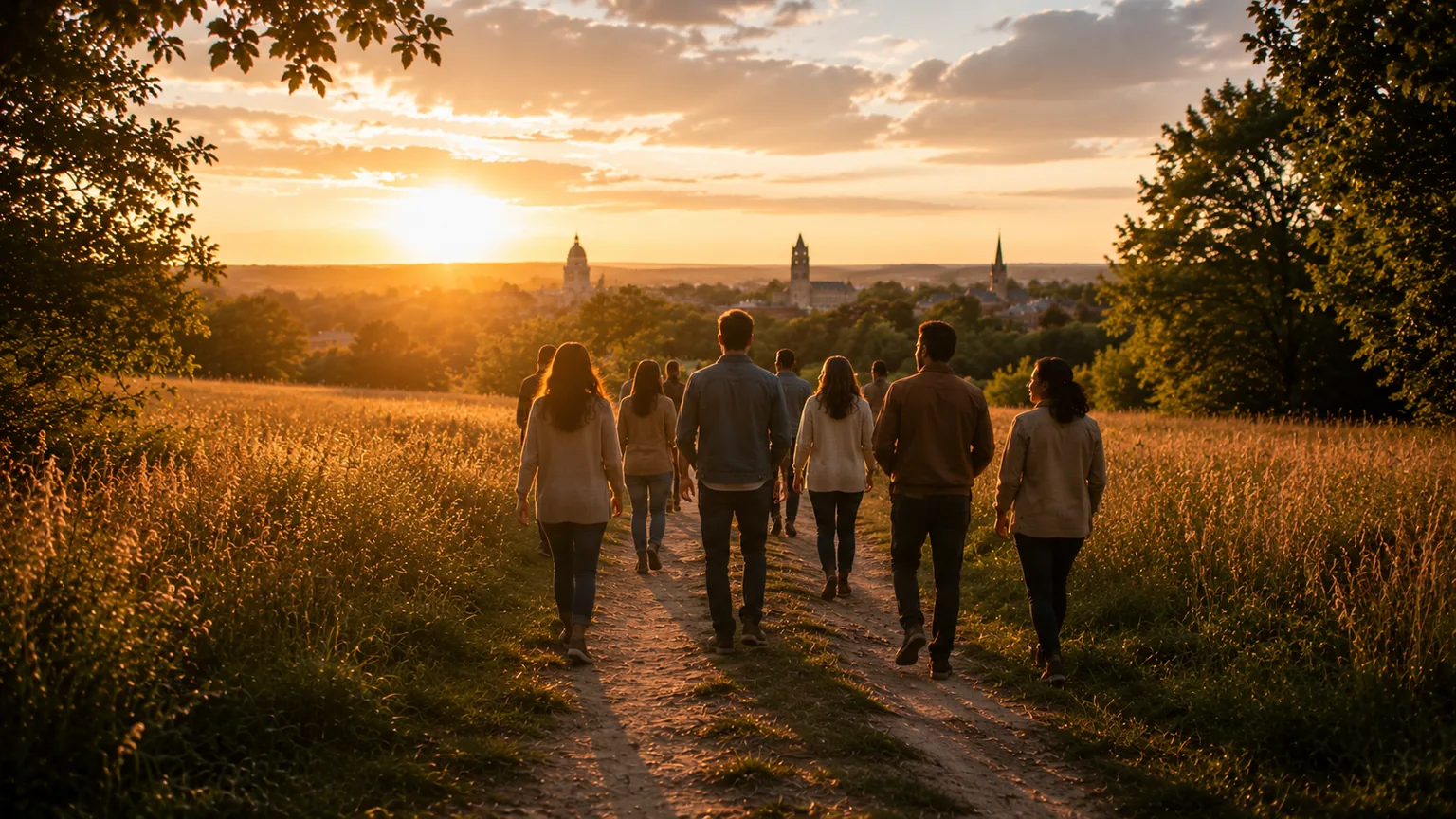 A community walking together along a country path toward Bloomington at sunset