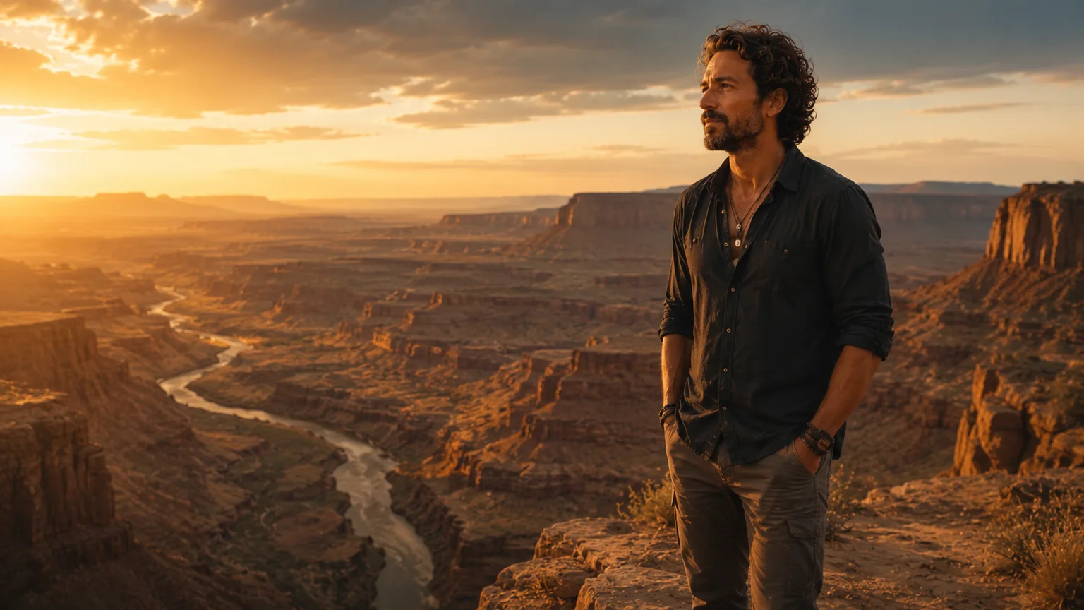 A man looking across a vast desert canyon in warm evening light