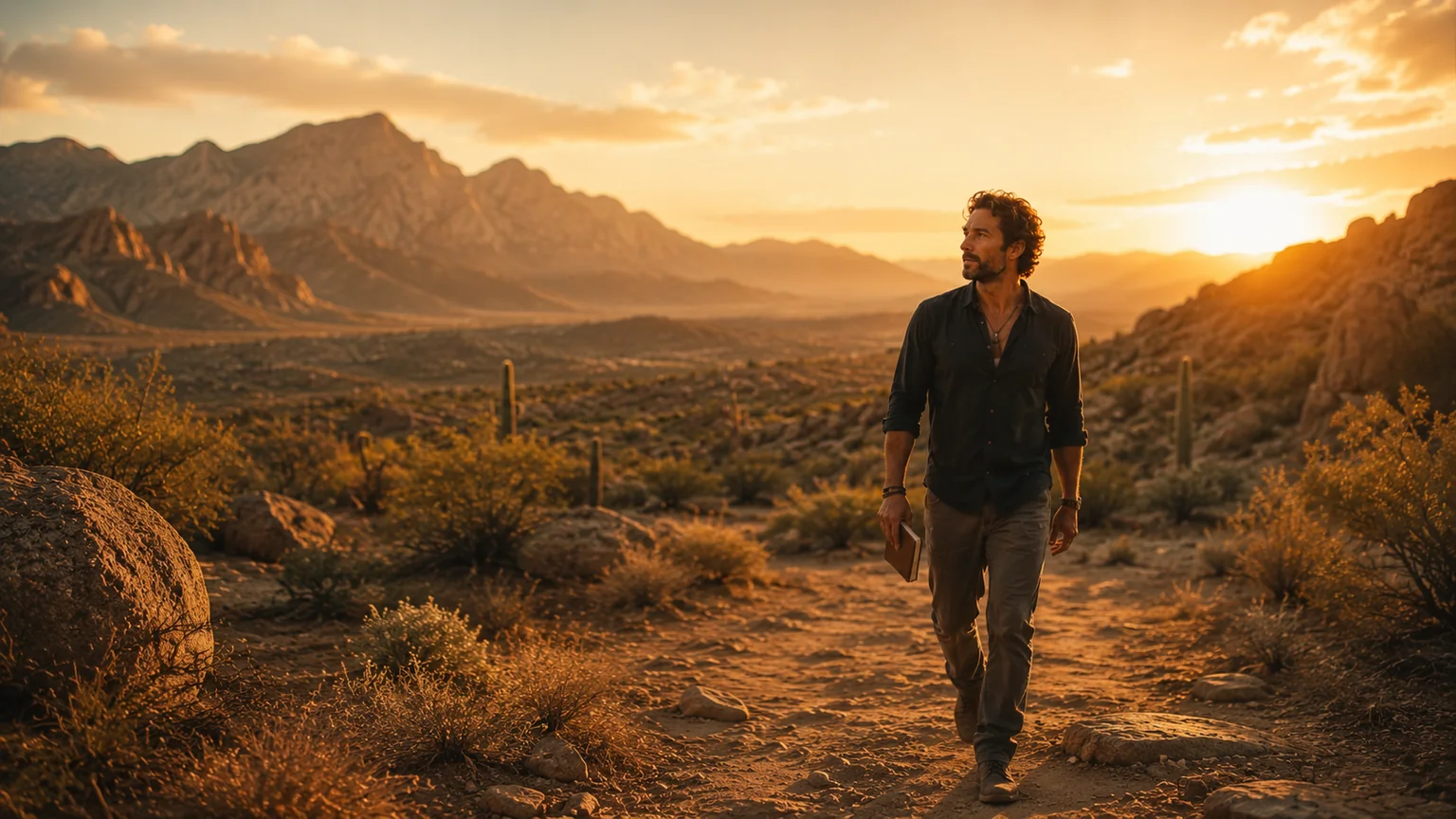 A man carrying a book while walking a desert trail at sunset
