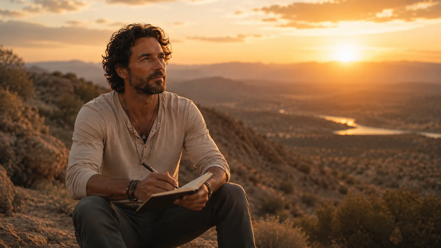 A man writing in a journal on a desert hillside at sunset