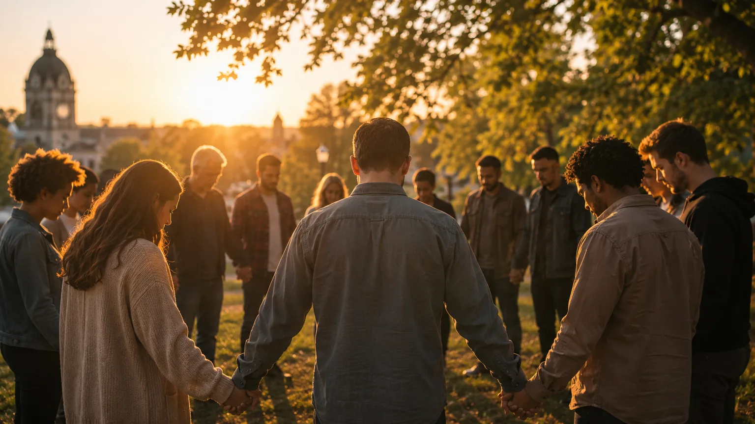 A circle of people holding hands in prayer at sunset in Bloomington