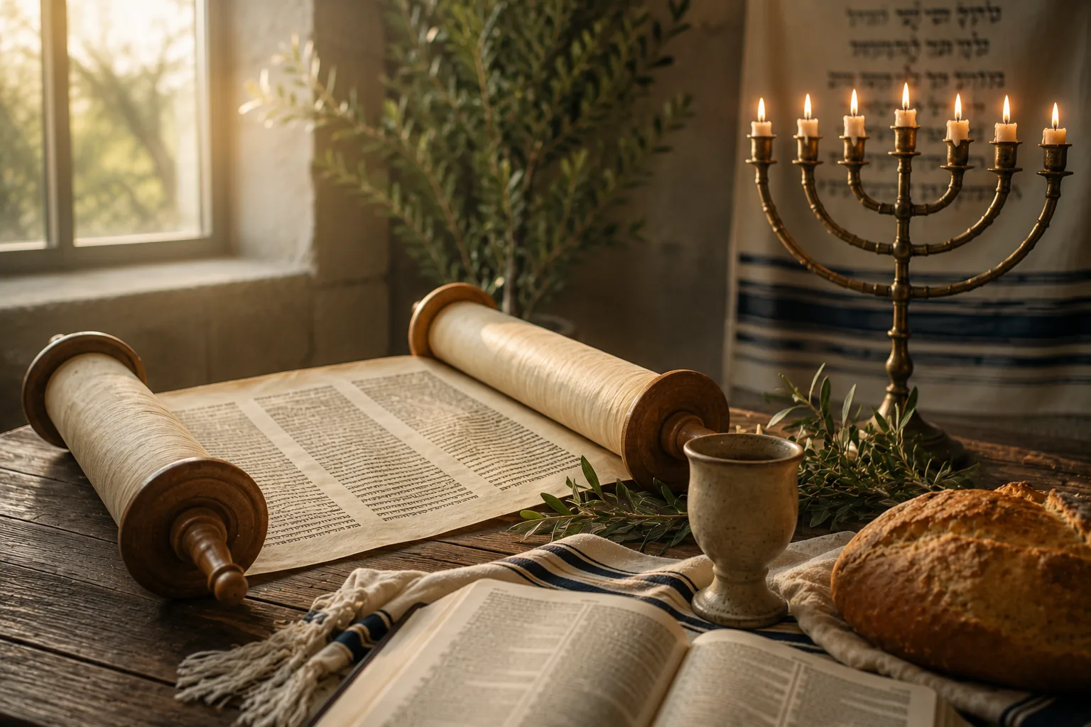 A Torah scroll, Bible, bread, cup, prayer shawl, and menorah arranged on a shared table
