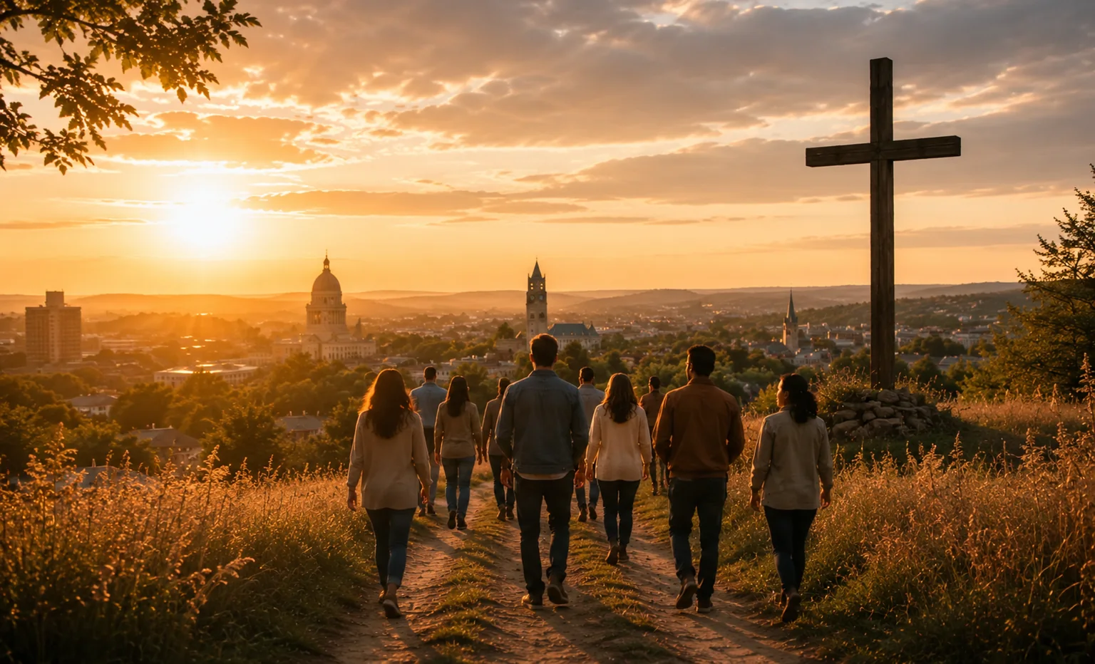 A community walking toward Bloomington at sunset beside a wooden cross