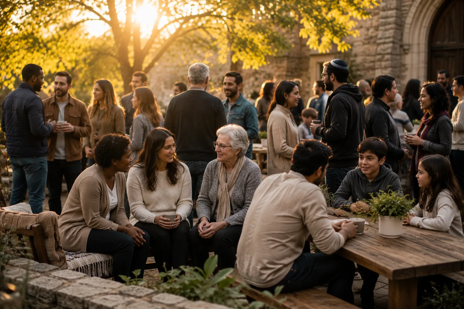 An intergenerational community sharing conversation and hospitality outdoors
