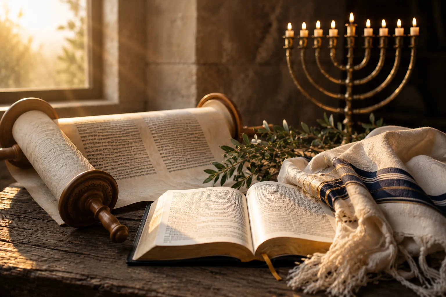 An open Torah scroll, Bible, tallit, olive branches, and menorah in warm light