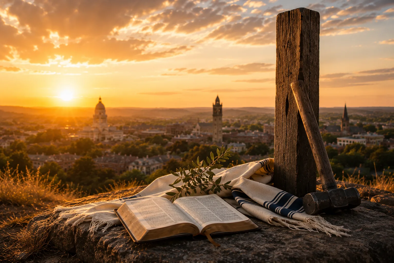 Scripture, a prayer shawl, olive branches, a wooden stake, and a hammer overlooking Bloomington at sunset