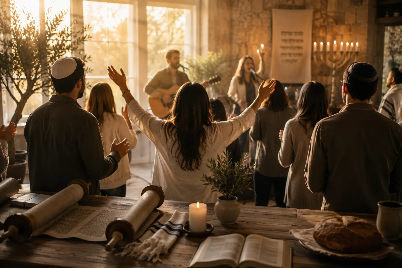 A Messianic community worshiping together in a warm room with Scripture, candles, and shared bread